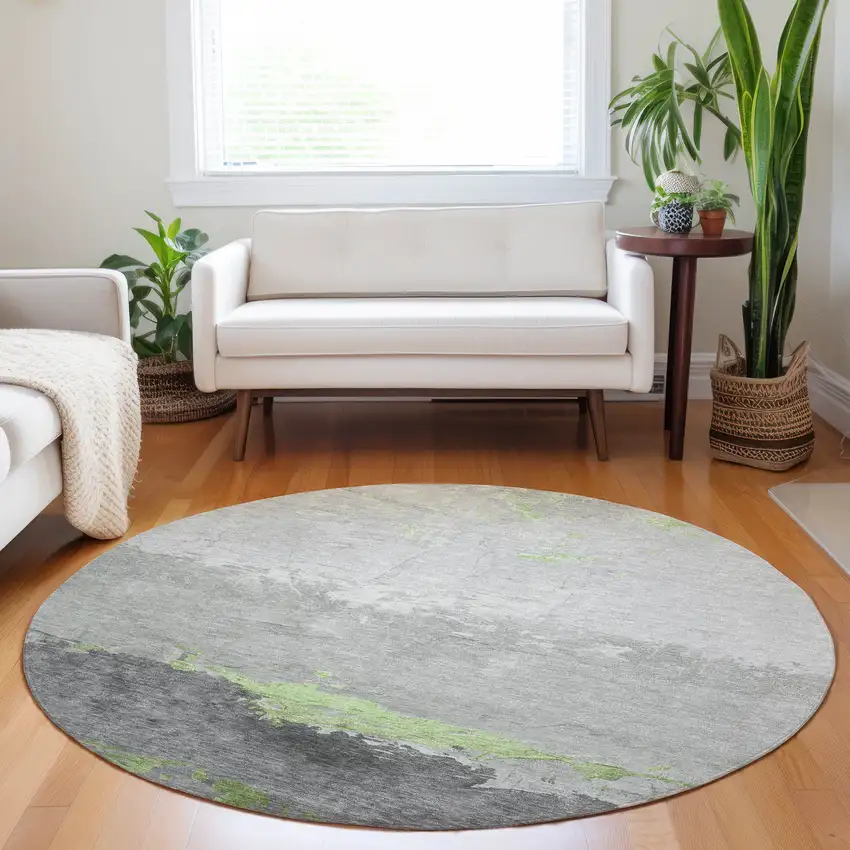8' Artichoke Green And Gray Round Abstract Washable Indoor Outdoor Area Rug Photo 6