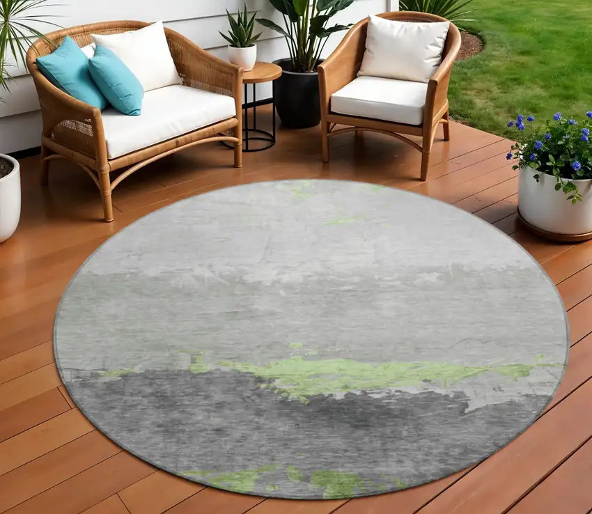 8' Artichoke Green And Gray Round Abstract Washable Indoor Outdoor Area Rug Photo 2
