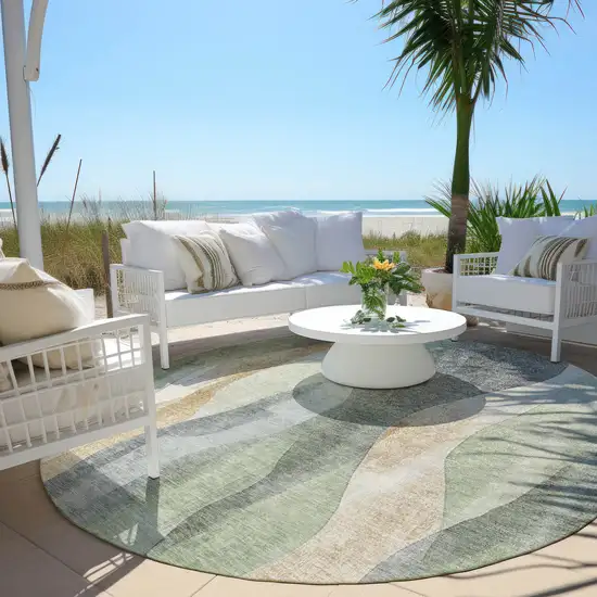 8' Artichoke Green And Gray Round Abstract Washable Indoor Outdoor Area Rug Photo 5