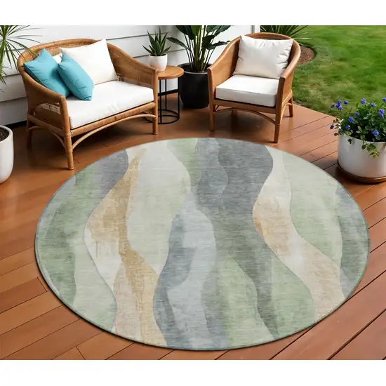 8' Artichoke Green And Gray Round Abstract Washable Indoor Outdoor Area Rug Photo 2