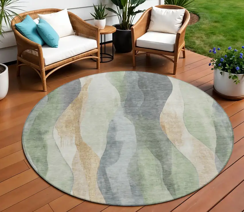 8' Artichoke Green And Gray Round Abstract Washable Indoor Outdoor Area Rug Photo 2