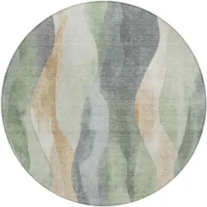 Photo of 8' Artichoke Green And Gray Round Abstract Washable Indoor Outdoor Area Rug