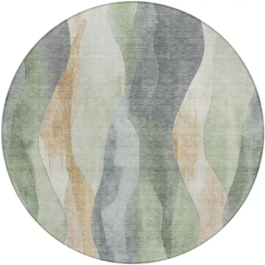 8' Artichoke Green And Gray Round Abstract Washable Indoor Outdoor Area Rug Photo 1