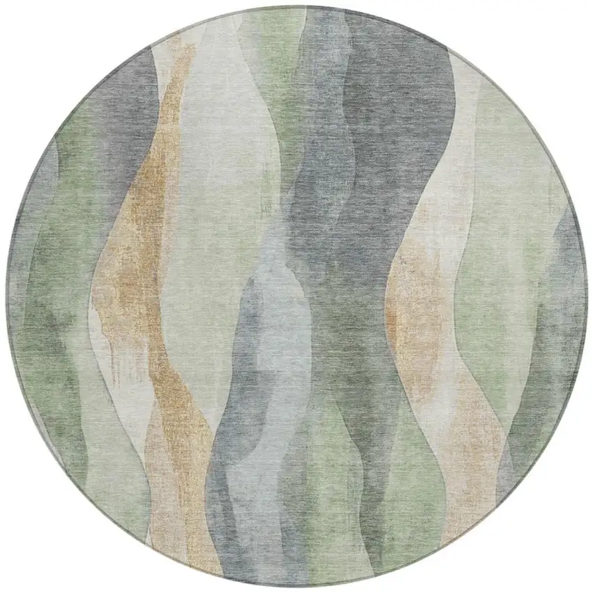 8' Artichoke Green And Gray Round Abstract Washable Indoor Outdoor Area Rug Photo 3