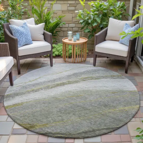 8' Artichoke Green And Gray Round Abstract Washable Indoor Outdoor Area Rug Photo 6