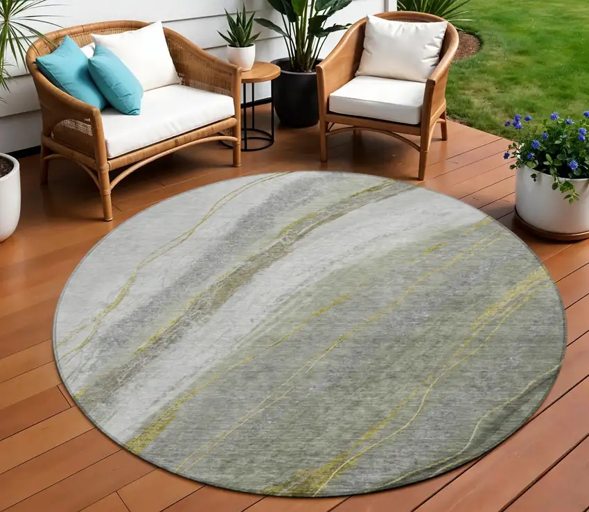 8' Artichoke Green And Gray Round Abstract Washable Indoor Outdoor Area Rug Photo 2