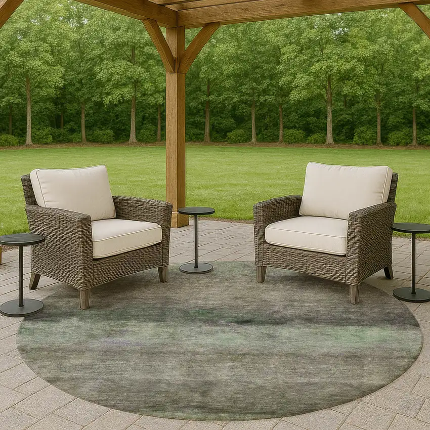 8' Artichoke Green And Gray Round Abstract Washable Indoor Outdoor Area Rug Photo 8