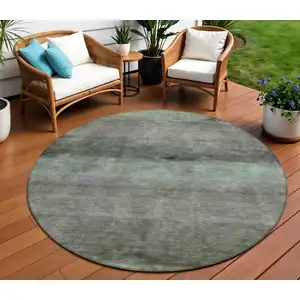 Photo of 8' Artichoke Green And Gray Round Abstract Washable Indoor Outdoor Area Rug