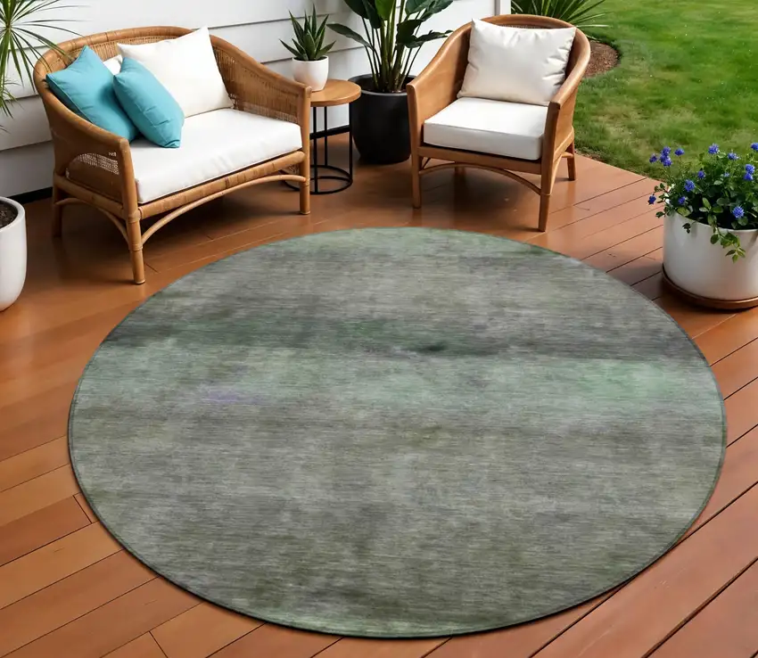 8' Artichoke Green And Gray Round Abstract Washable Indoor Outdoor Area Rug Photo 1