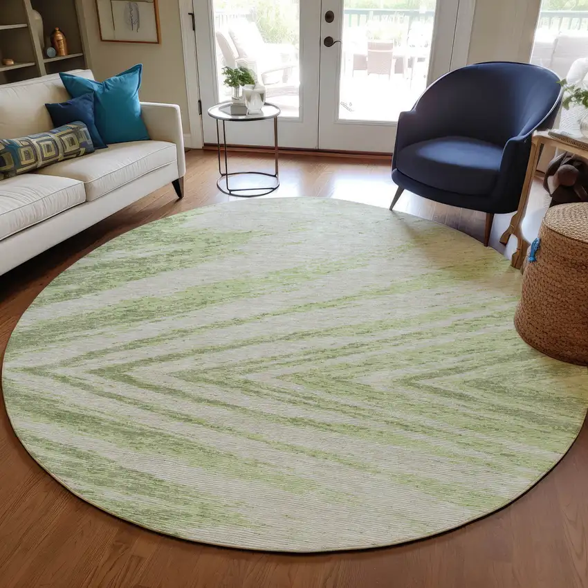 8' Artichoke Green And Gray Round Abstract Washable Indoor Outdoor Area Rug Photo 7