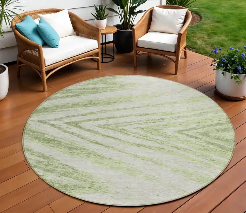 8' Artichoke Green And Gray Round Abstract Washable Indoor Outdoor Area Rug Photo 1