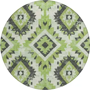 Photo of 8' Artichoke Green And Gray Round Aztec Washable Indoor Outdoor Area Rug