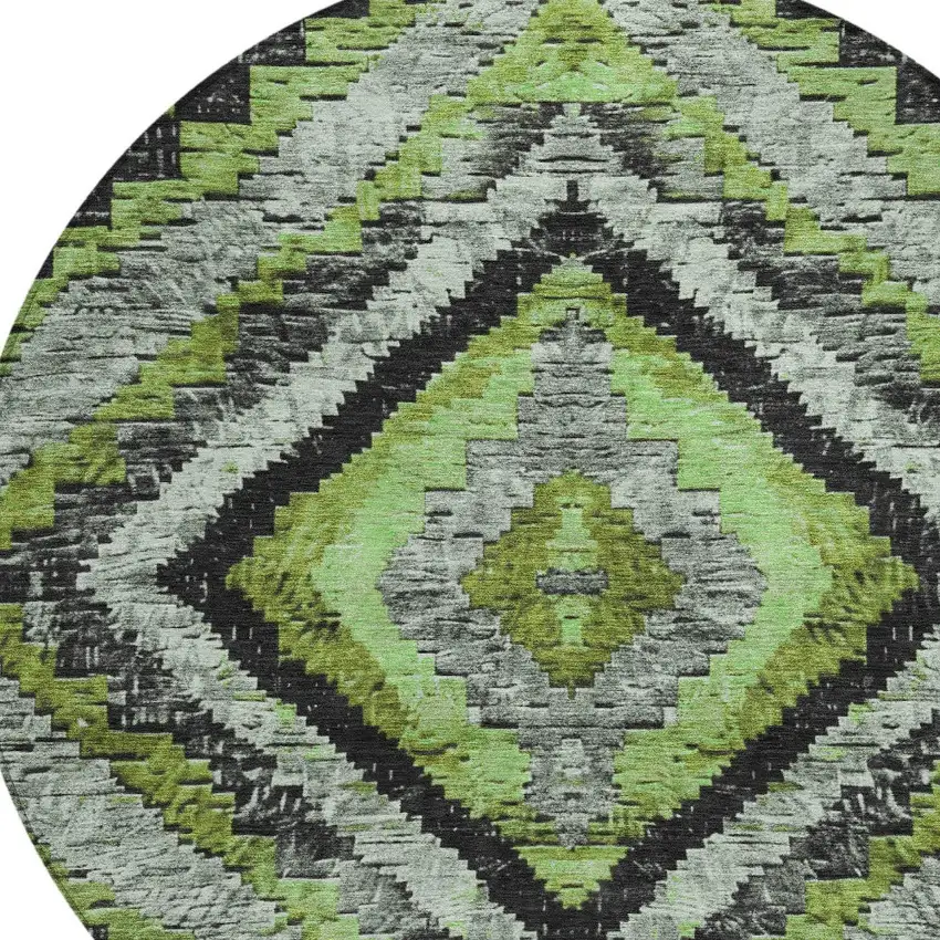 8' Artichoke Green And Gray Round Aztec Washable Indoor Outdoor Area Rug Photo 9