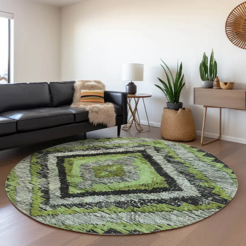 8' Artichoke Green And Gray Round Aztec Washable Indoor Outdoor Area Rug Photo 6