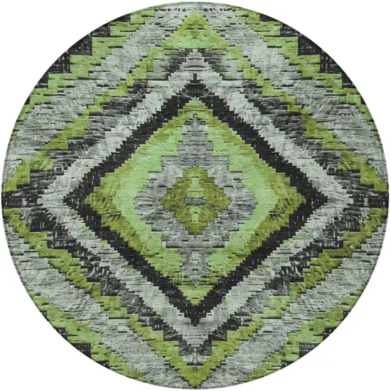 8' Artichoke Green And Gray Round Aztec Washable Indoor Outdoor Area Rug Photo 4