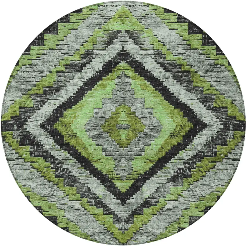 8' Artichoke Green And Gray Round Aztec Washable Indoor Outdoor Area Rug Photo 4