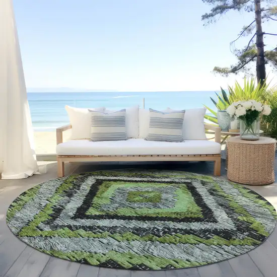 8' Artichoke Green And Gray Round Aztec Washable Indoor Outdoor Area Rug Photo 5