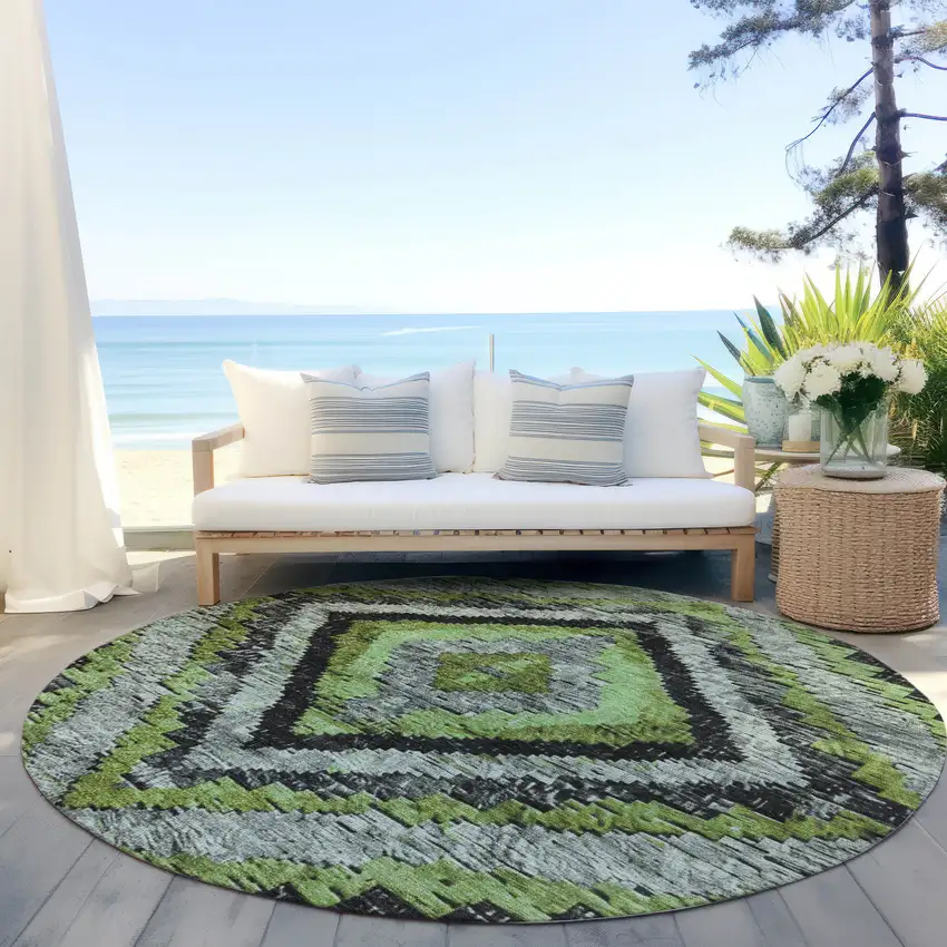 8' Artichoke Green And Gray Round Aztec Washable Indoor Outdoor Area Rug Photo 5