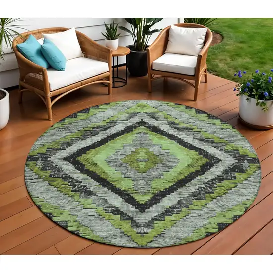 8' Artichoke Green And Gray Round Aztec Washable Indoor Outdoor Area Rug Photo 2