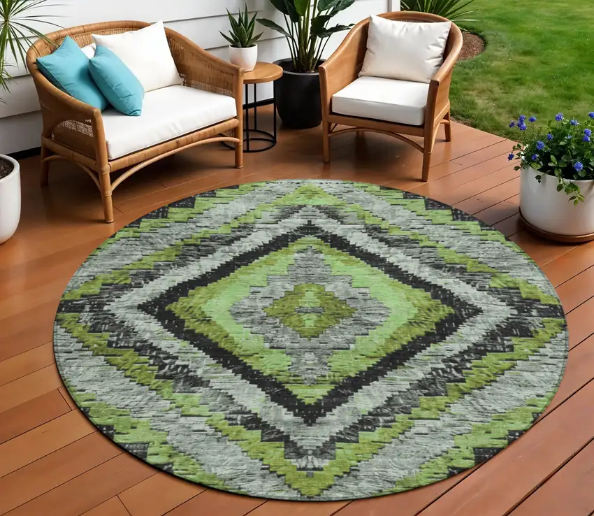 8' Artichoke Green And Gray Round Aztec Washable Indoor Outdoor Area Rug Photo 2
