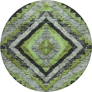 Photo of 8' Artichoke Green And Gray Round Aztec Washable Indoor Outdoor Area Rug