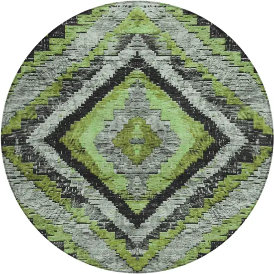 8' Artichoke Green And Gray Round Aztec Washable Indoor Outdoor Area Rug Photo 1