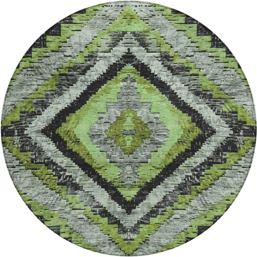 8' Artichoke Green And Gray Round Aztec Washable Indoor Outdoor Area Rug Photo 1