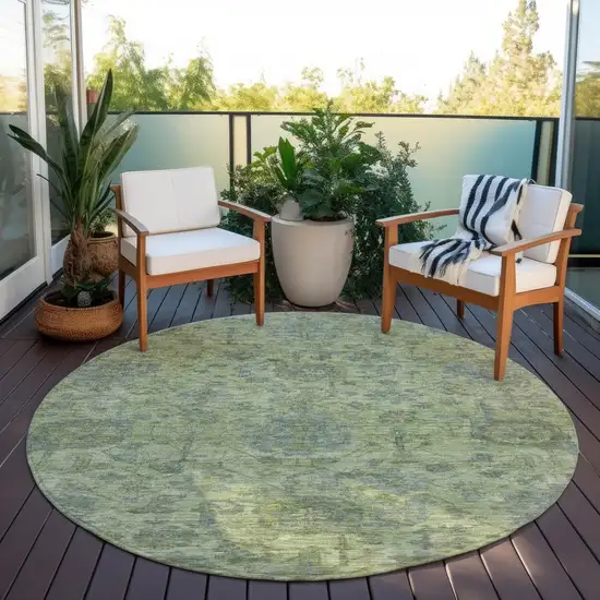 8' Artichoke Green And Gray Round Damask Washable Indoor Outdoor Area Rug Photo 7