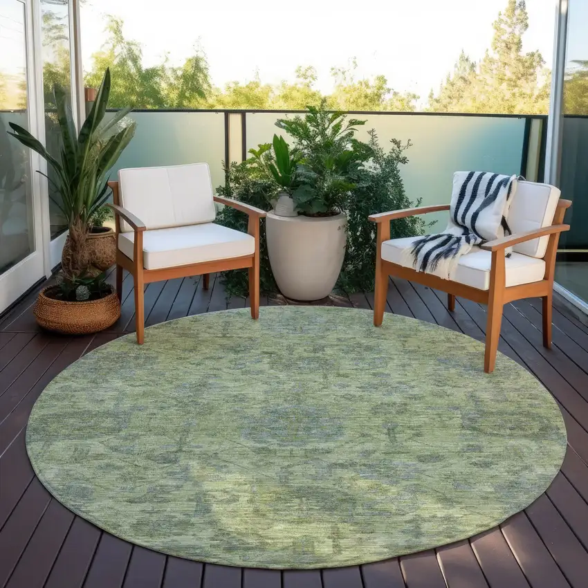 8' Artichoke Green And Gray Round Damask Washable Indoor Outdoor Area Rug Photo 7