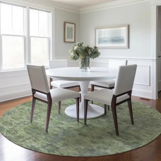 8' Artichoke Green And Gray Round Damask Washable Indoor Outdoor Area Rug Photo 8