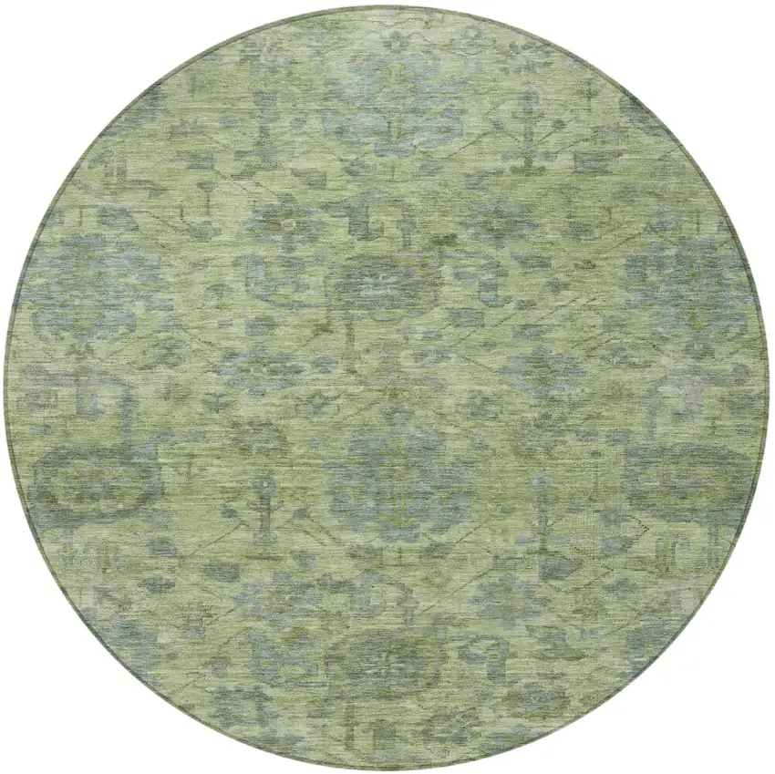8' Artichoke Green And Gray Round Damask Washable Indoor Outdoor Area Rug Photo 6