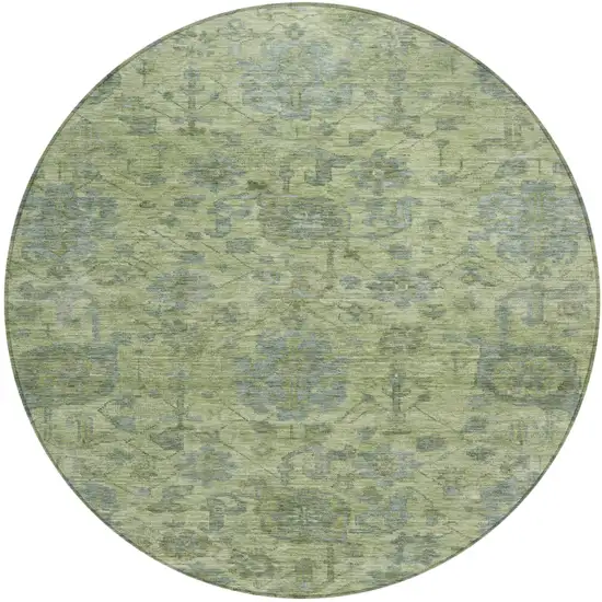 8' Artichoke Green And Gray Round Damask Washable Indoor Outdoor Area Rug Photo 2
