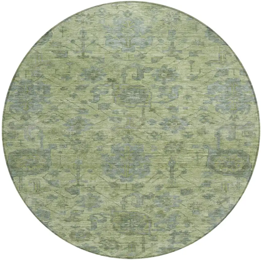 8' Artichoke Green And Gray Round Damask Washable Indoor Outdoor Area Rug Photo 2