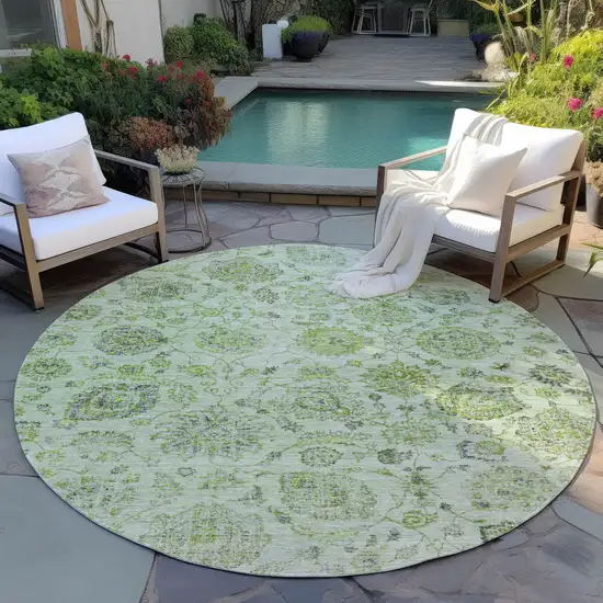8' Artichoke Green And Gray Round Damask Washable Indoor Outdoor Area Rug Photo 5
