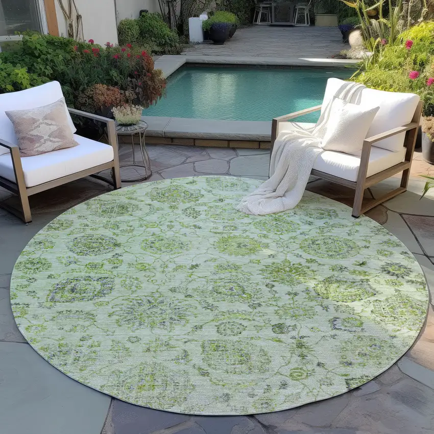 8' Artichoke Green And Gray Round Damask Washable Indoor Outdoor Area Rug Photo 5