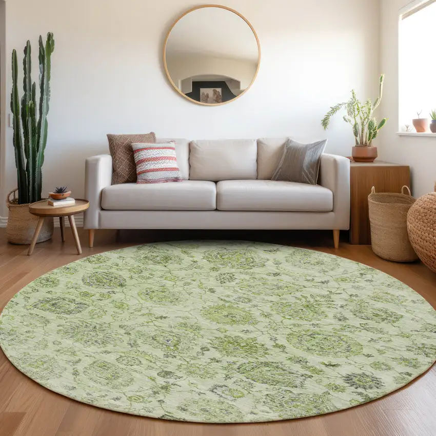 8' Artichoke Green And Gray Round Damask Washable Indoor Outdoor Area Rug Photo 6