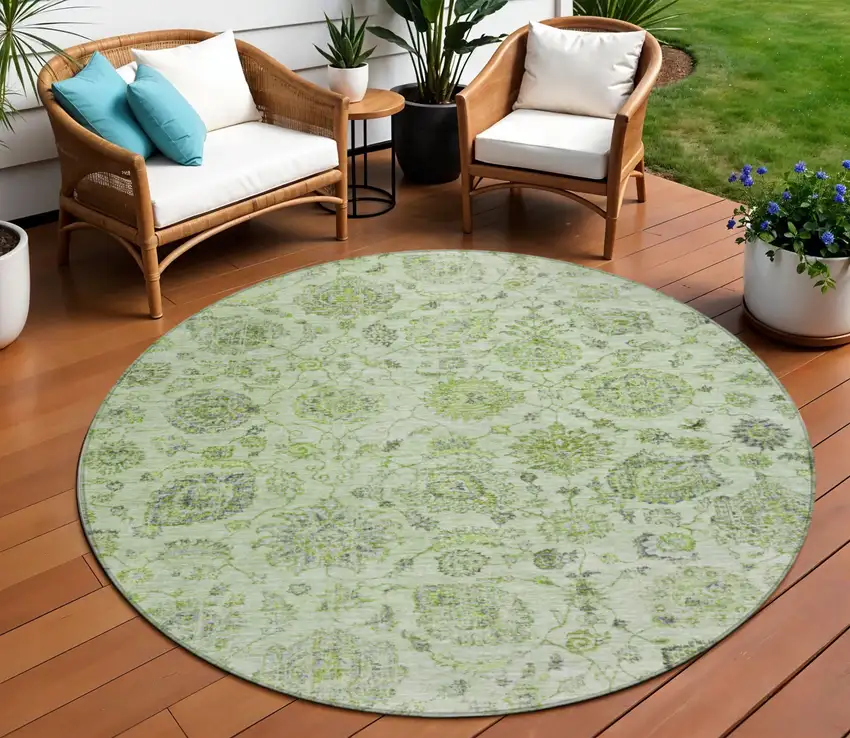 8' Artichoke Green And Gray Round Damask Washable Indoor Outdoor Area Rug Photo 2