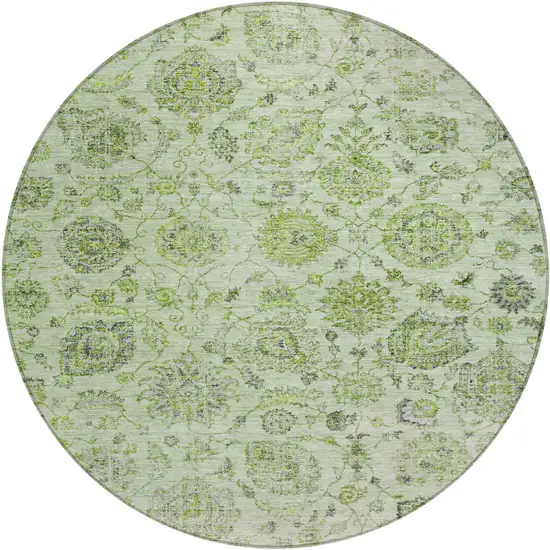 8' Artichoke Green And Gray Round Damask Washable Indoor Outdoor Area Rug Photo 1