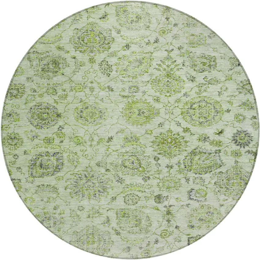8' Artichoke Green And Gray Round Damask Washable Indoor Outdoor Area Rug Photo 1