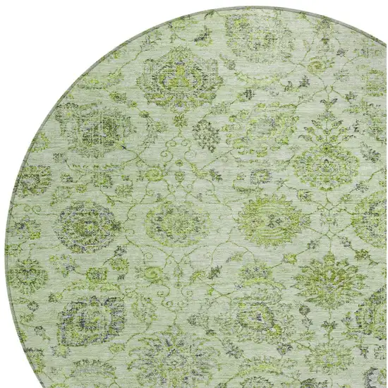 8' Artichoke Green And Gray Round Damask Washable Indoor Outdoor Area Rug Photo 8