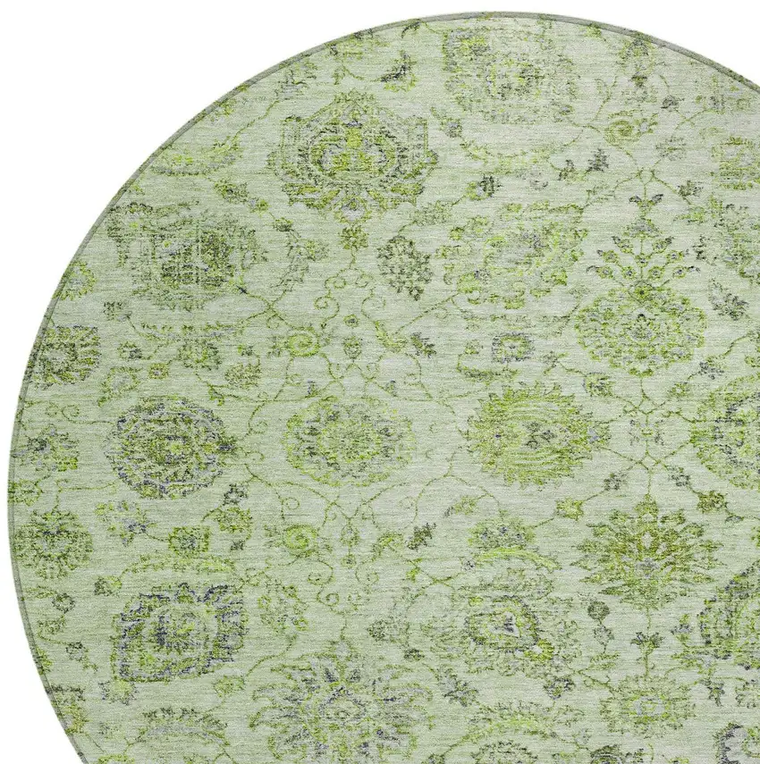 8' Artichoke Green And Gray Round Damask Washable Indoor Outdoor Area Rug Photo 8