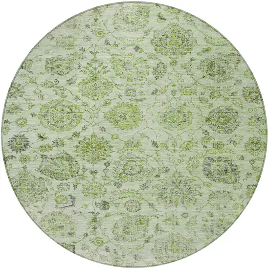 8' Artichoke Green And Gray Round Damask Washable Indoor Outdoor Area Rug Photo 3
