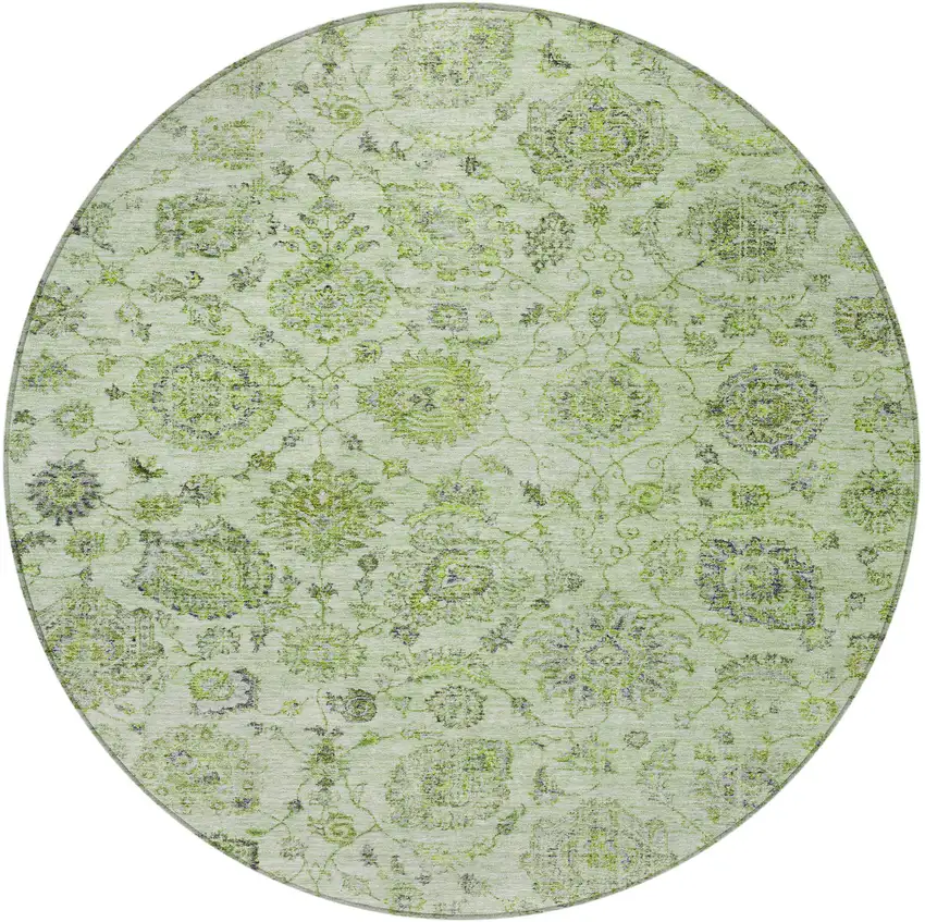 8' Artichoke Green And Gray Round Damask Washable Indoor Outdoor Area Rug Photo 3