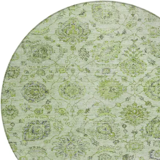 8' Artichoke Green And Gray Round Damask Washable Indoor Outdoor Area Rug Photo 4