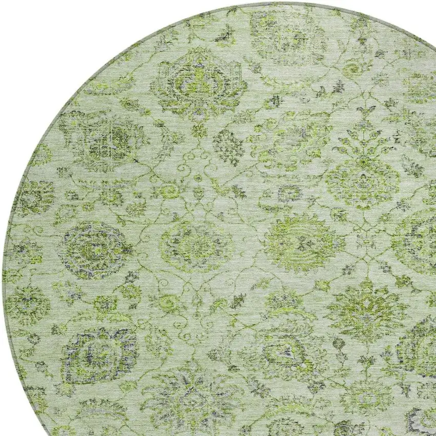 8' Artichoke Green And Gray Round Damask Washable Indoor Outdoor Area Rug Photo 4