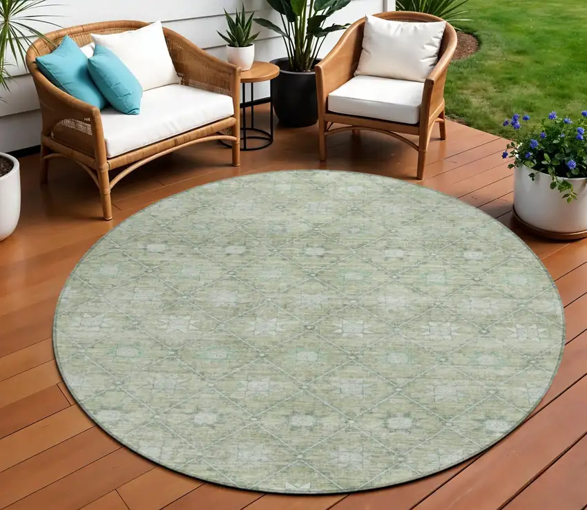 8' Artichoke Green And Gray Round Floral Washable Indoor Outdoor Area Rug Photo 2