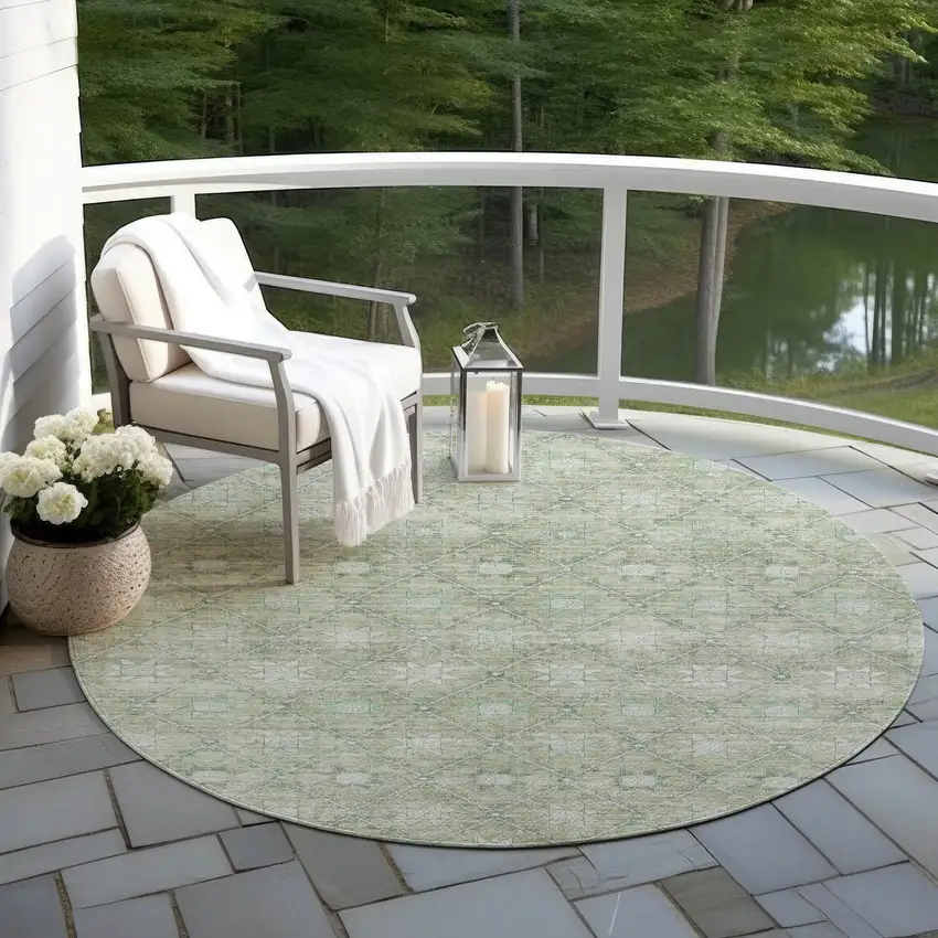 8' Artichoke Green And Gray Round Floral Washable Indoor Outdoor Area Rug Photo 5