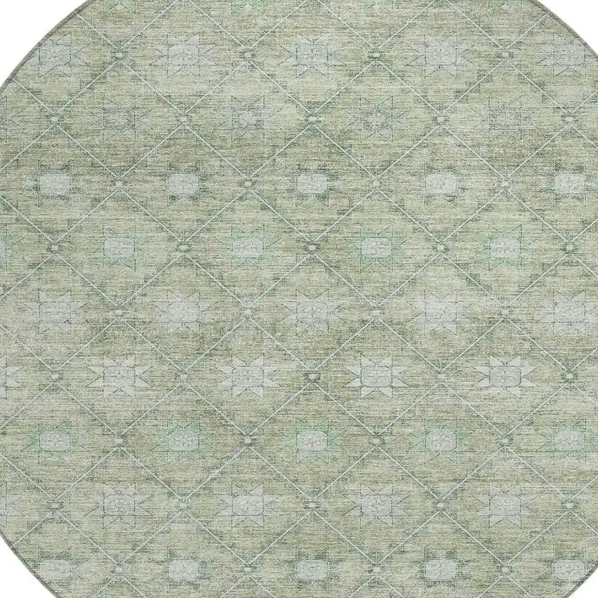 8' Artichoke Green And Gray Round Floral Washable Indoor Outdoor Area Rug Photo 4