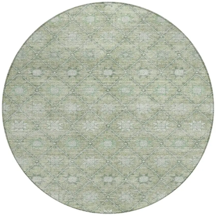 8' Artichoke Green And Gray Round Floral Washable Indoor Outdoor Area Rug Photo 3