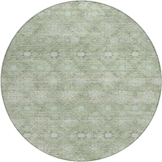 8' Artichoke Green And Gray Round Floral Washable Indoor Outdoor Area Rug Photo 1